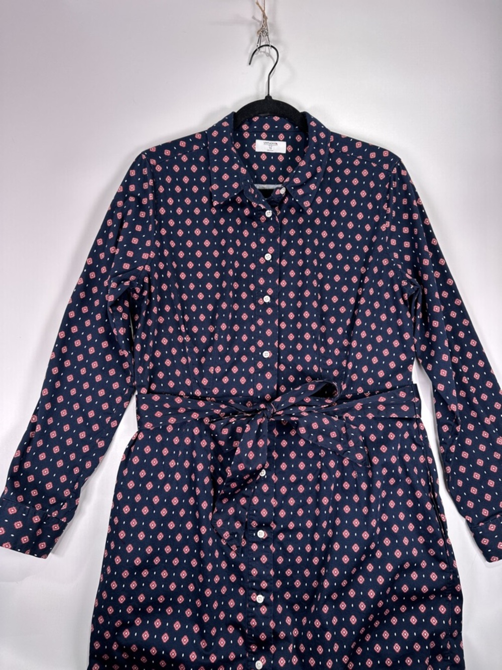 UNTUCKit Marie Shirt Dress Belted Button Front Geometric Navy Size 10 - Picture 4 of 13
